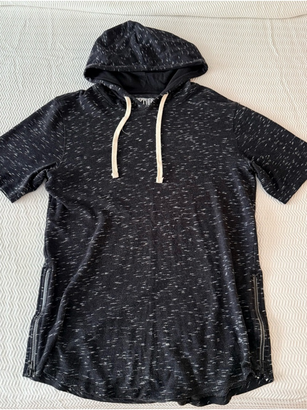 Liberthoor Black Hoodie with White Logo Print Longer Length Mens’ Large